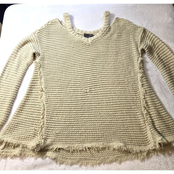 QUINN Beige  1/2 Open Shoulder Sweater Crochet Knit Top Women's SIZE Small - Picture 1 of 5